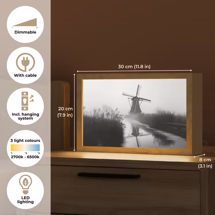 Molen - Weerspiegeling - Landschap - Water Light Box met kabel (Tafellamp) klein -USP_EN