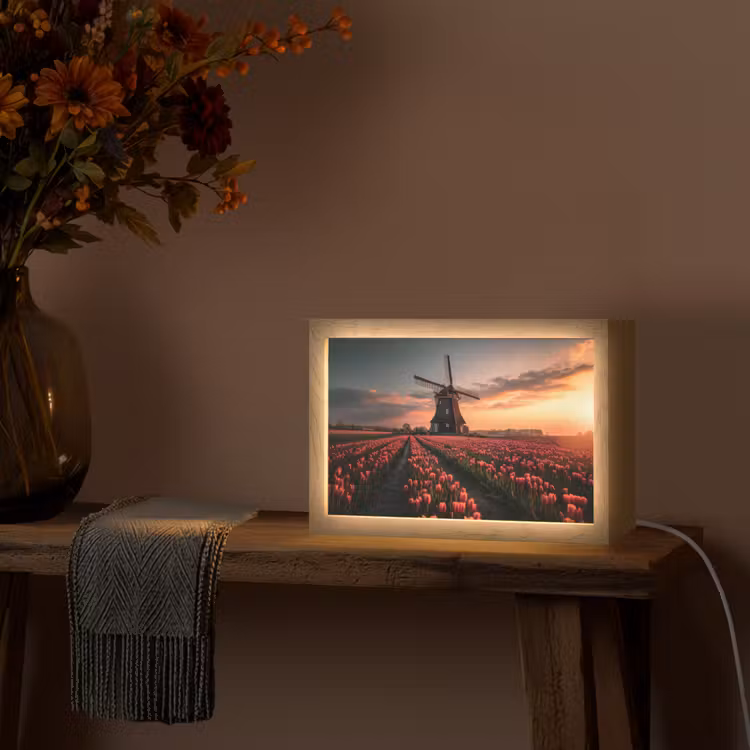 Molen - Zonsondergang - Tulpen - Rood Light Box met kabel (Tafellamp) klein -sfeer4