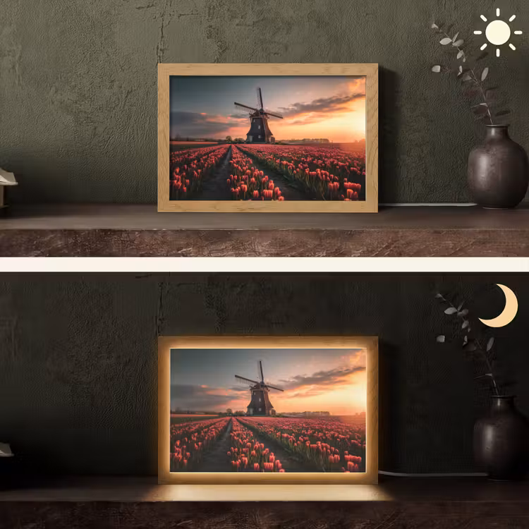Molen - Zonsondergang - Tulpen - Rood Light Box met kabel (Tafellamp) klein -sfeer3