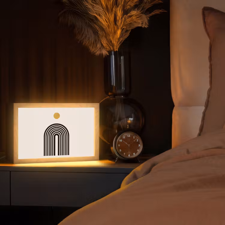 Minimalistisch - Zwarte boog - Gouden cirkel Light Box met kabel (Tafellamp) klein -sfeer1