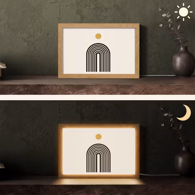 Minimalistisch - Zwarte boog - Gouden cirkel Light Box met kabel (Tafellamp) klein -sfeer3