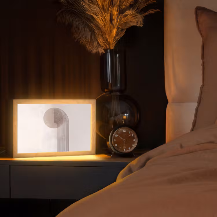 Minimalistisch - Cirkel - Lichtgrijs Light Box met kabel (Tafellamp) klein -sfeer1