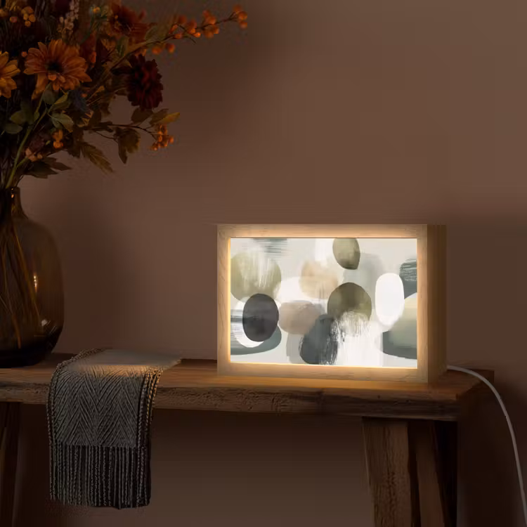 Minimalistisch - Cirkels - Penseelstreken - Beige Light Box met kabel (Tafellamp) klein -sfeer4