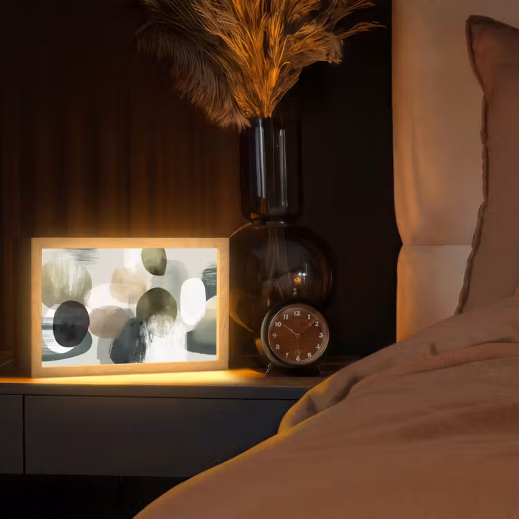 Minimalistisch - Cirkels - Penseelstreken - Beige Light Box met kabel (Tafellamp) klein -sfeer1