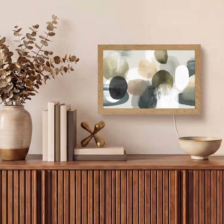 Minimalistisch - Cirkels - Penseelstreken - Beige Light Box met kabel (Tafellamp) klein -sfeer2