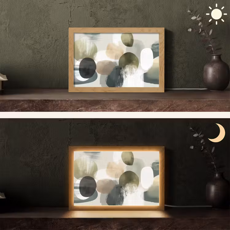 Minimalistisch - Cirkels - Penseelstreken - Beige Light Box met kabel (Tafellamp) klein -sfeer3