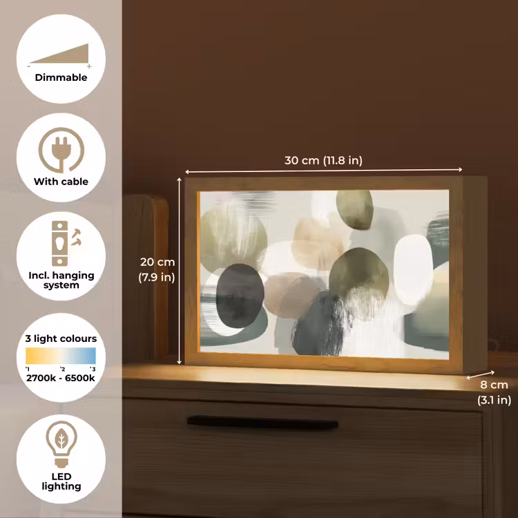 Minimalistisch - Cirkels - Penseelstreken - Beige Light Box met kabel (Tafellamp) klein -USP_EN
