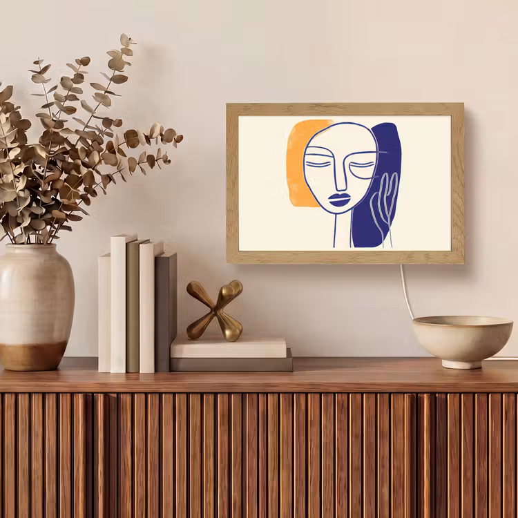 Minimalistisch - Gezicht - Hand - Oranje - Blauw Light Box met kabel (Tafellamp) klein -sfeer2