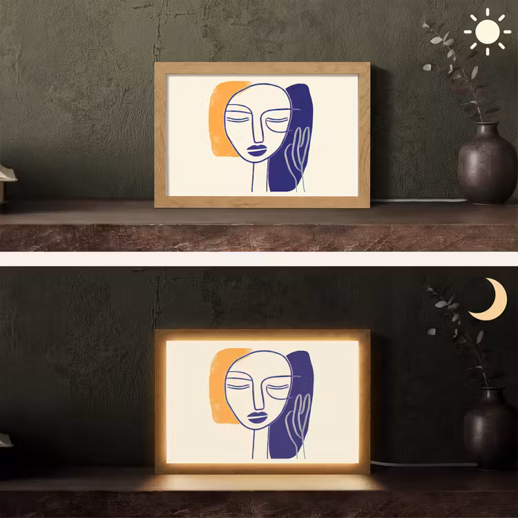 Minimalistisch - Gezicht - Hand - Oranje - Blauw Light Box met kabel (Tafellamp) klein -sfeer3