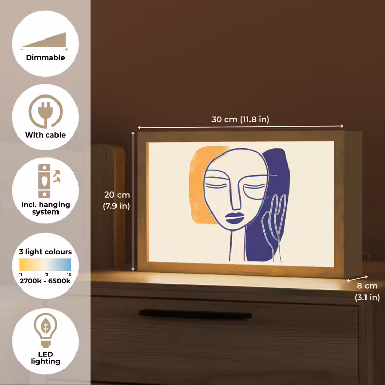 Minimalistisch - Gezicht - Hand - Oranje - Blauw Light Box met kabel (Tafellamp) klein -USP_EN