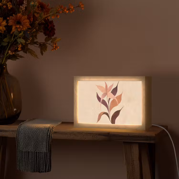 Minimalistisch - Bloem - Bladeren - Beige Light Box met kabel (Tafellamp) klein -sfeer4