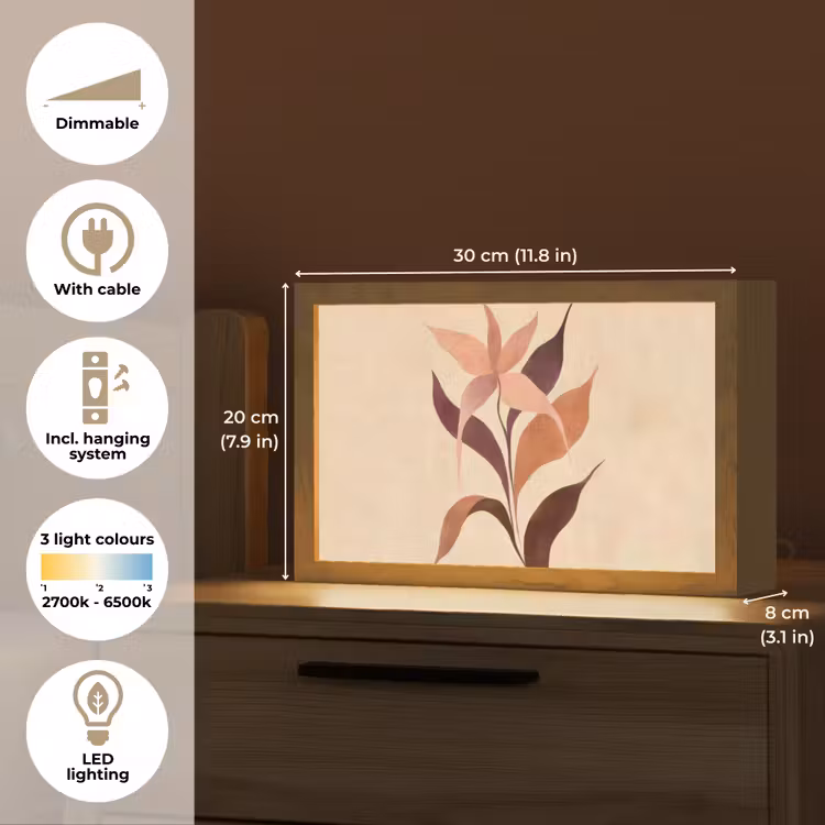 Minimalistisch - Bloem - Bladeren - Beige Light Box met kabel (Tafellamp) klein -USP_EN
