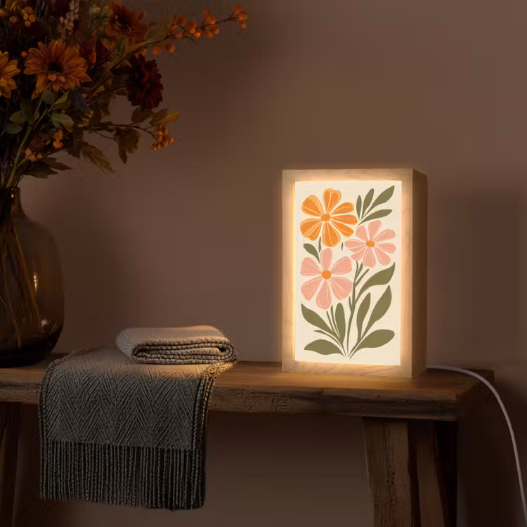 Minimalistisch - Bloemen - Bladeren - Roze Light Box met kabel (Tafellamp) klein -sfeer4