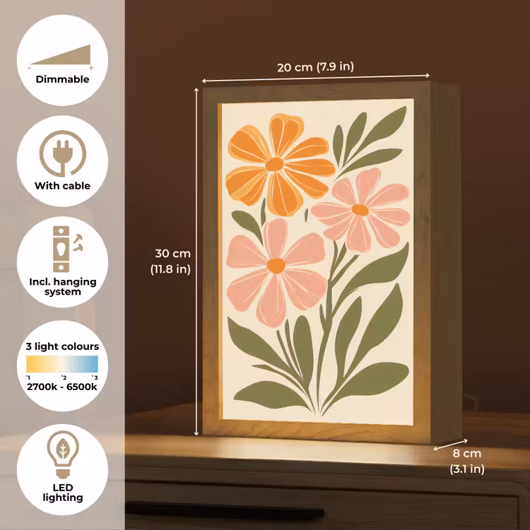 Minimalistisch - Bloemen - Bladeren - Roze Light Box met kabel (Tafellamp) klein -USP_EN