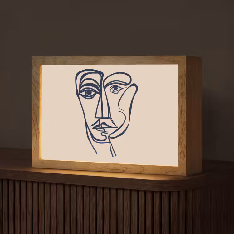 Minimalistisch - Lijnillustratie - Beige - Donkerblauw Light Box met kabel (Tafellamp) klein -z3d_website