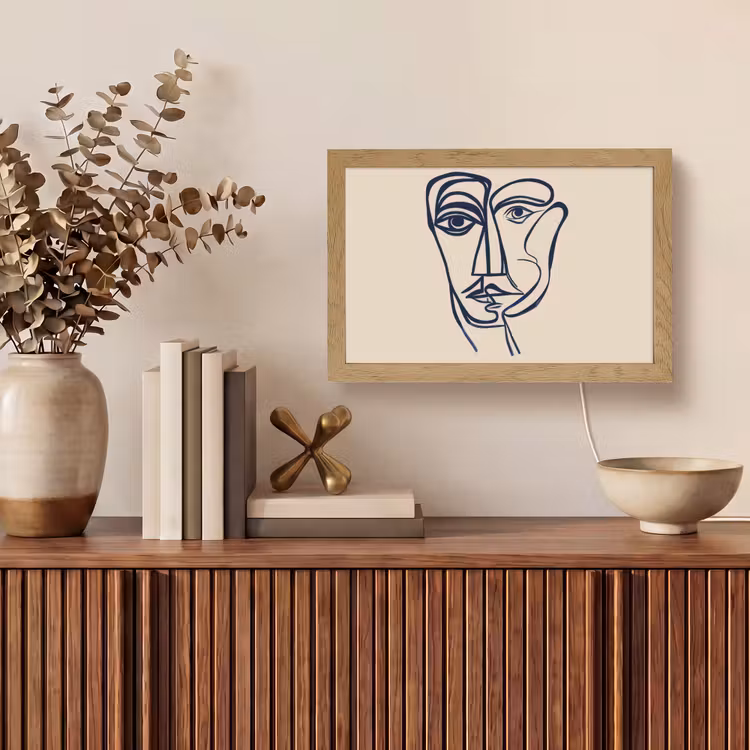Minimalistisch - Lijnillustratie - Beige - Donkerblauw Light Box met kabel (Tafellamp) klein -sfeer2