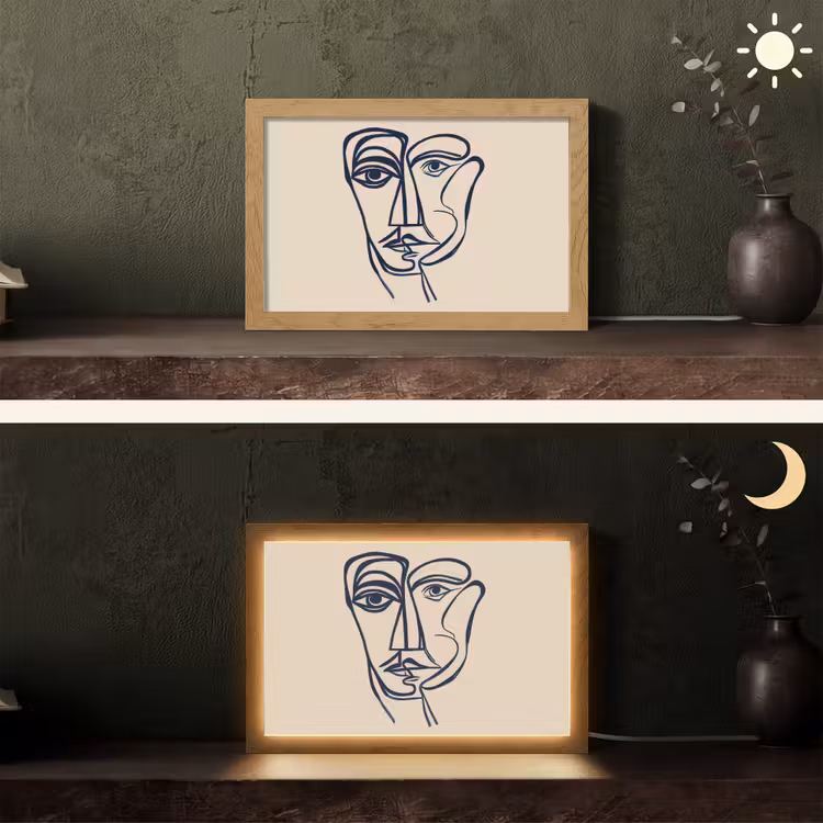 Minimalistisch - Lijnillustratie - Beige - Donkerblauw Light Box met kabel (Tafellamp) klein -sfeer3