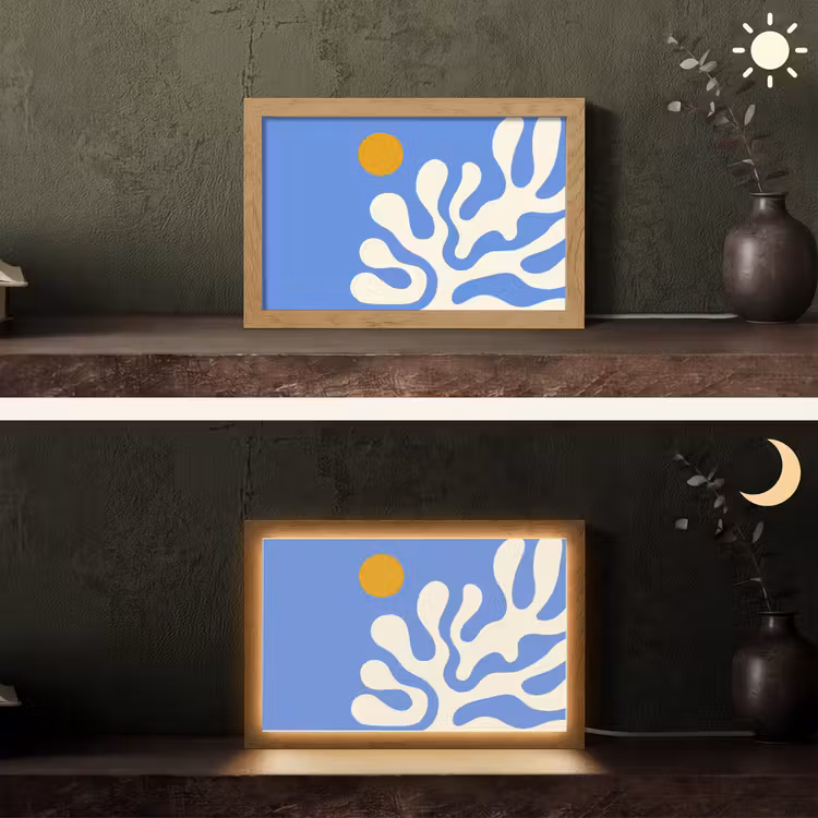 Minimalistisch - Organisch patroon - Blauw Light Box met kabel (Tafellamp) klein -sfeer3
