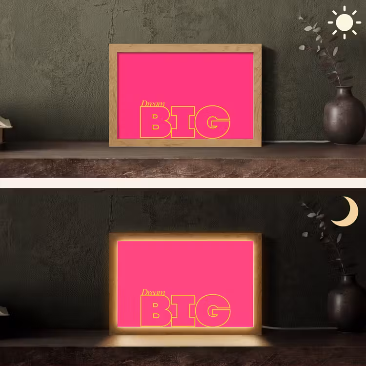 Minimalistisch - Roze - Dream big - Grafisch Light Box met kabel (Tafellamp) klein -sfeer3