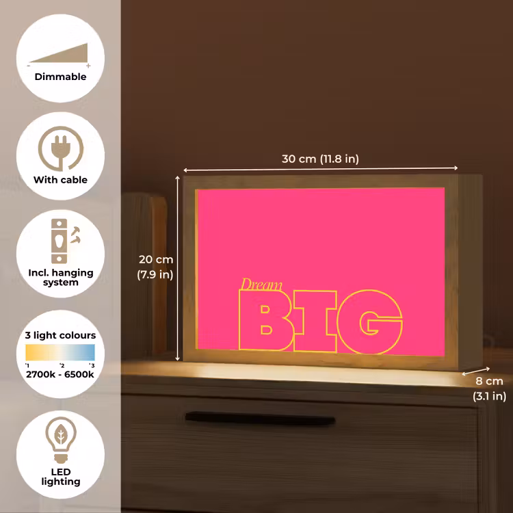 Minimalistisch - Roze - Dream big - Grafisch Light Box met kabel (Tafellamp) klein -USP_EN