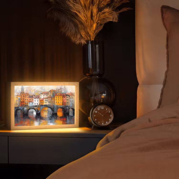 Gracht - Huizen - Kunst - Art Light Box met kabel (Tafellamp) klein -sfeer1