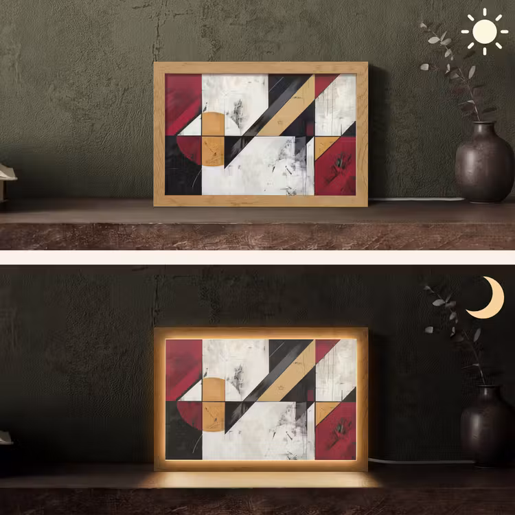 Modern - Abstract - Geometrisch - Rood - Industrieel Light Box met kabel (Tafellamp) klein -sfeer3