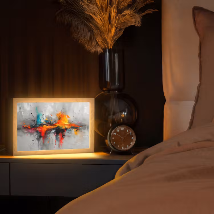 Modern - Oranje - Grijs - Kunst Light Box met kabel (Tafellamp) klein -sfeer1