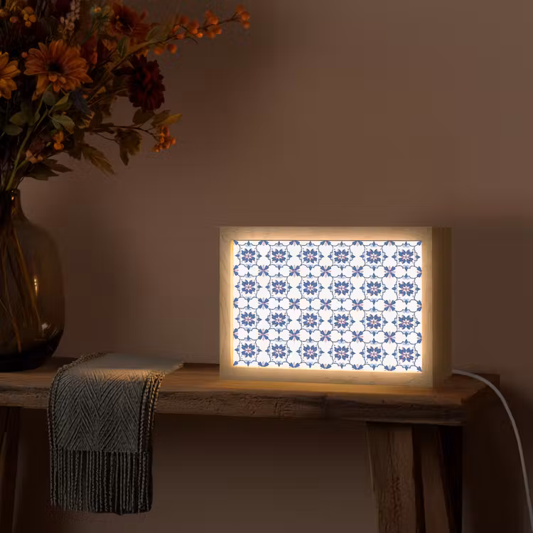 Modern - Patroon - Blauw - Roze Light Box met kabel (Tafellamp) klein 924 -sfeer4