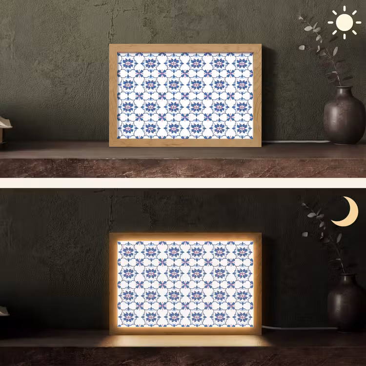 Modern - Patroon - Blauw - Roze Light Box met kabel (Tafellamp) klein 924 -sfeer3