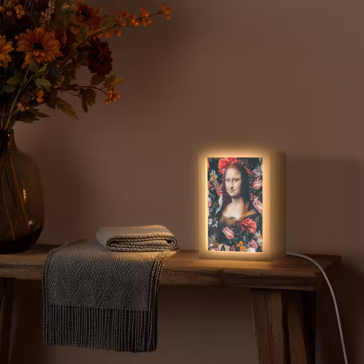 Mona Lisa - Leonardo da Vinci - Bloemen - Roze Light Box met kabel (Tafellamp) klein -sfeer4