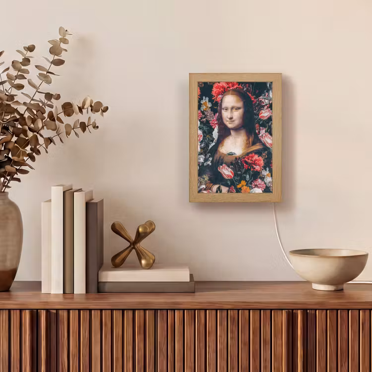 Mona Lisa - Leonardo da Vinci - Bloemen - Roze Light Box met kabel (Tafellamp) klein -sfeer2