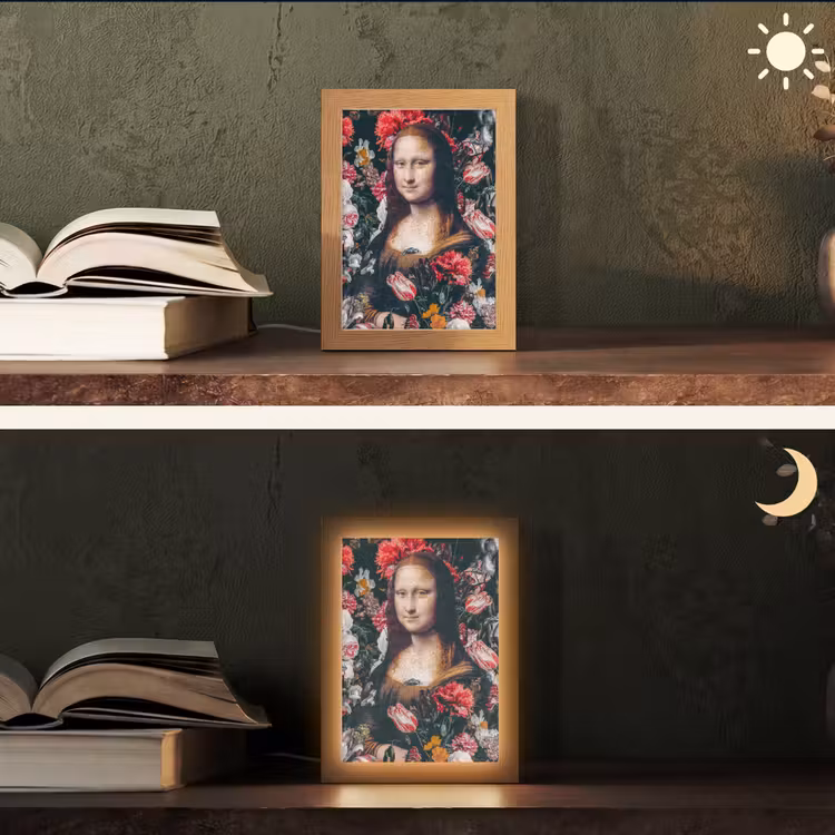 Mona Lisa - Leonardo da Vinci - Bloemen - Roze Light Box met kabel (Tafellamp) klein -sfeer3