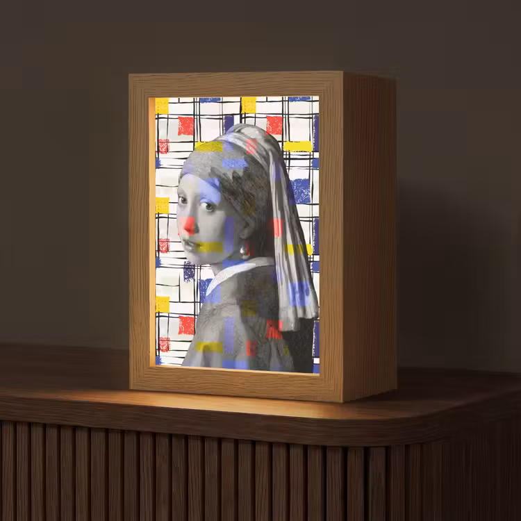 Mondriaan - Meisje met de parel - Collage Light Box met kabel (Tafellamp) klein -z3d_website
