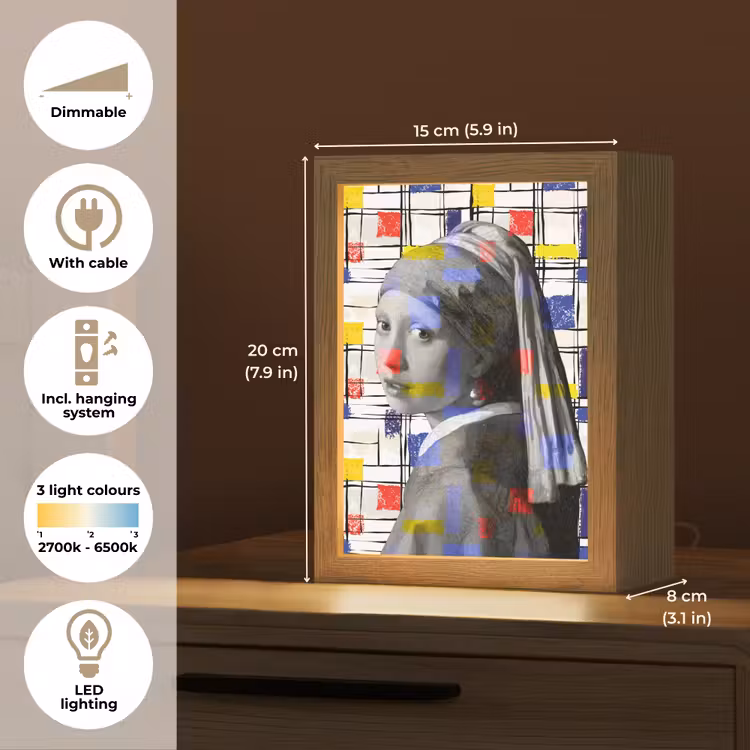 Mondriaan - Meisje met de parel - Collage Light Box met kabel (Tafellamp) klein -USP_EN