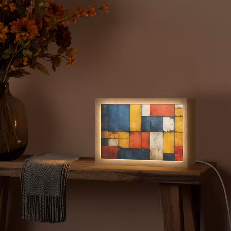 Mondriaan stijl - Kunst - Kleurrijk - Modern Light Box met kabel (Tafellamp) klein -sfeer4