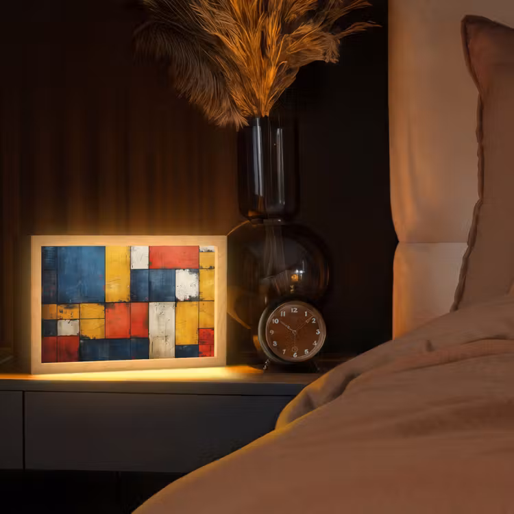 Mondriaan stijl - Kunst - Kleurrijk - Modern Light Box met kabel (Tafellamp) klein -sfeer1