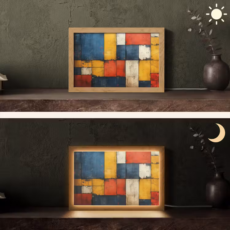 Mondriaan stijl - Kunst - Kleurrijk - Modern Light Box met kabel (Tafellamp) klein -sfeer3