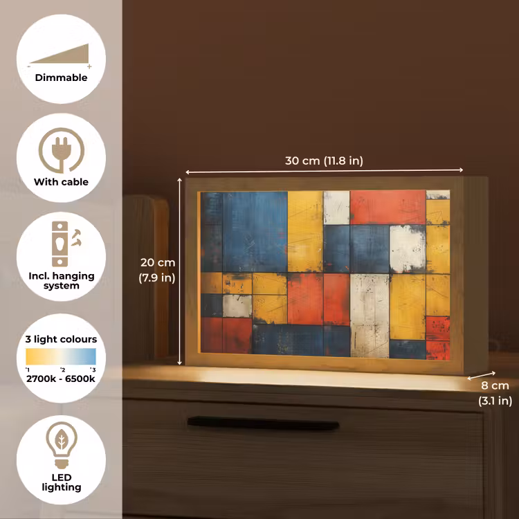 Mondriaan stijl - Kunst - Kleurrijk - Modern Light Box met kabel (Tafellamp) klein -USP_EN
