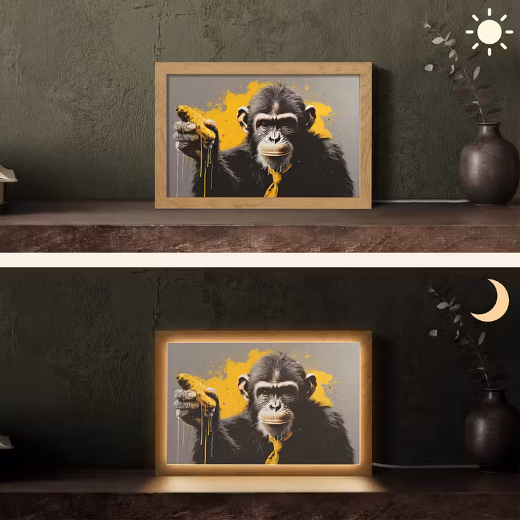 Aap - Chimpansee - Banaan - Geel - Dieren - Stropdas Light Box met kabel (Tafellamp) klein -sfeer3