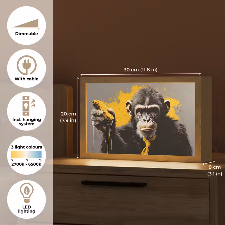 Aap - Chimpansee - Banaan - Geel - Dieren - Stropdas Light Box met kabel (Tafellamp) klein -USP_EN