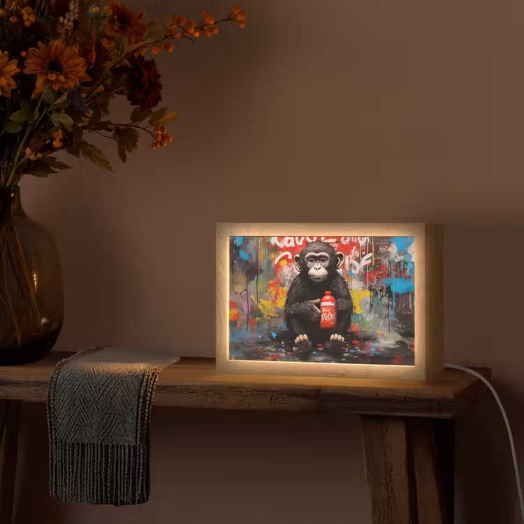Aap - Graffiti - Dieren - Kunst - Flesje - Kleuren Light Box met kabel (Tafellamp) klein -sfeer4