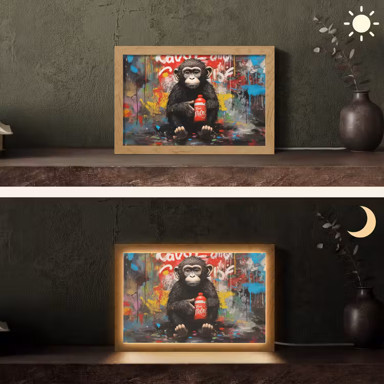Aap - Graffiti - Dieren - Kunst - Flesje - Kleuren Light Box met kabel (Tafellamp) klein -sfeer3