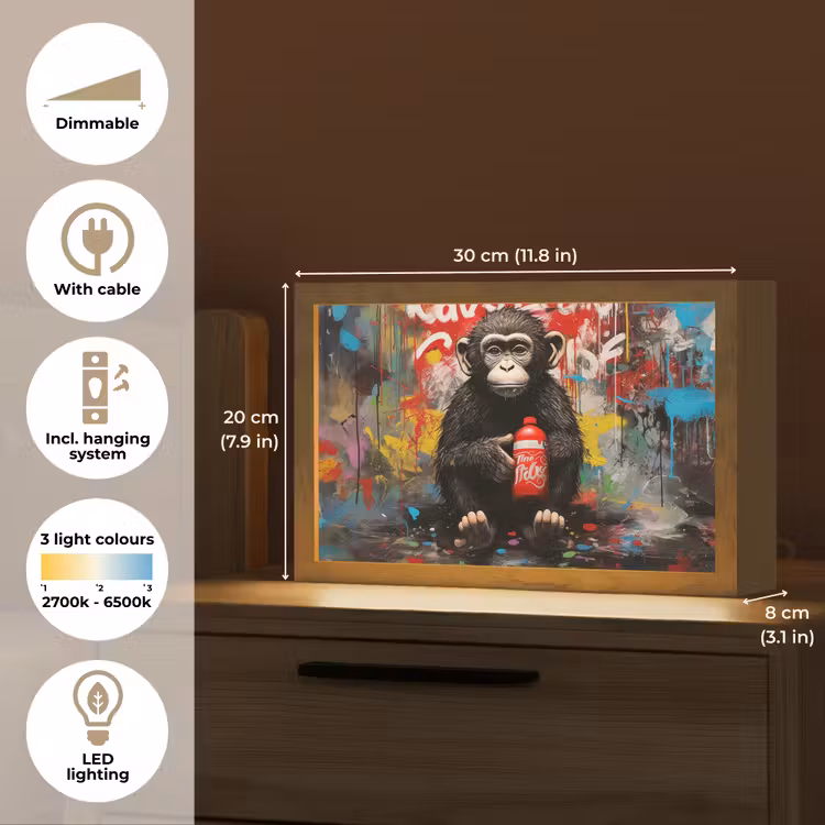 Aap - Graffiti - Dieren - Kunst - Flesje - Kleuren Light Box met kabel (Tafellamp) klein -USP_EN