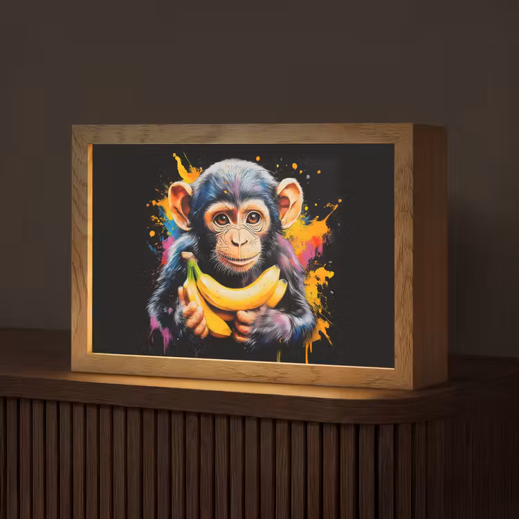 Aap - Graffiti - Kleurrijk - Bananen - Modern Light Box met kabel (Tafellamp) klein -z3d_website