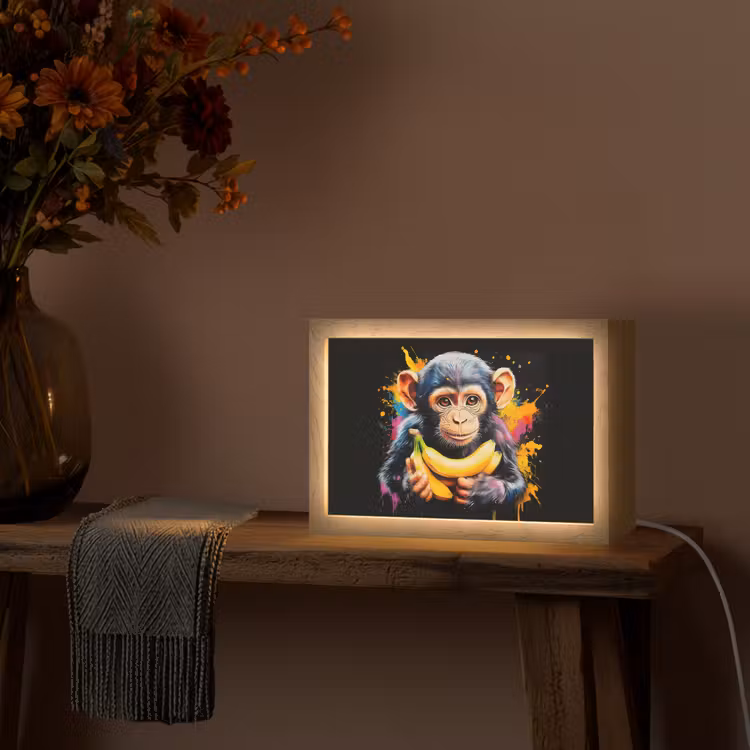 Aap - Graffiti - Kleurrijk - Bananen - Modern Light Box met kabel (Tafellamp) klein -sfeer4