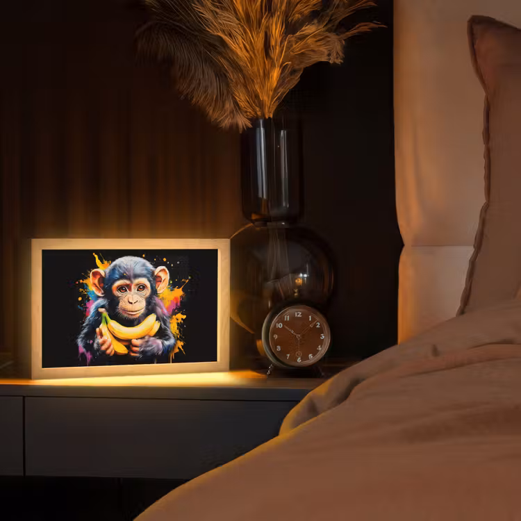 Aap - Graffiti - Kleurrijk - Bananen - Modern Light Box met kabel (Tafellamp) klein -sfeer1