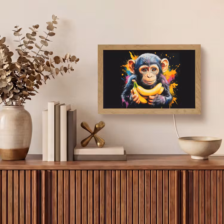 Aap - Graffiti - Kleurrijk - Bananen - Modern Light Box met kabel (Tafellamp) klein -sfeer2