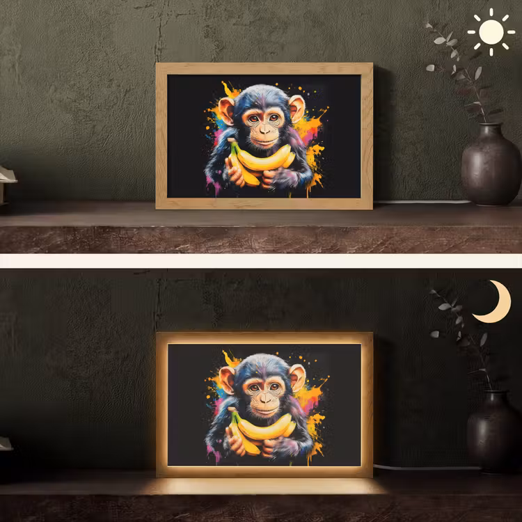 Aap - Graffiti - Kleurrijk - Bananen - Modern Light Box met kabel (Tafellamp) klein -sfeer3