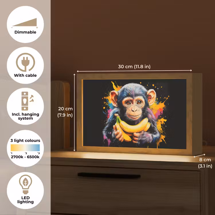 Aap - Graffiti - Kleurrijk - Bananen - Modern Light Box met kabel (Tafellamp) klein -USP_EN