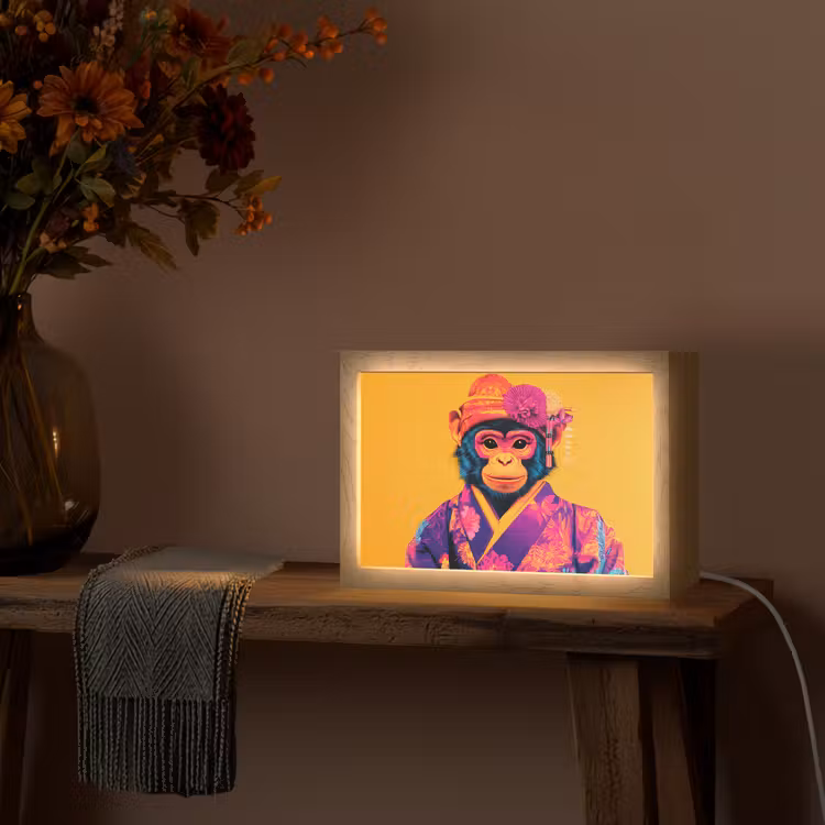 Aap - Kimono - Bloemen - Hoofdtooi Light Box met kabel (Tafellamp) klein -sfeer4